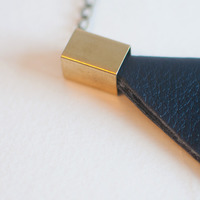 Blue Leather Gold Metal GeometricTriangle Pendant Necklace NL0737 - Thumbnail 3