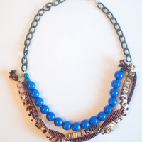 Blue and Gold Chain Cotton Multi strand Necklace NL0612 - Thumbnail 3