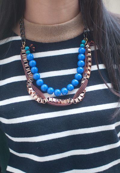 Blue and Gold Chain Cotton Multi strand Necklace NL0612