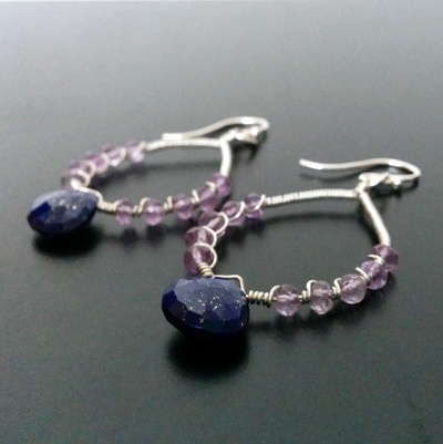 Natalia Earrings - Sterling Silver, Lapis Lazuli, Pink Amethyst