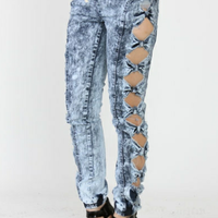 Acid Wash Denim Bow Joggers - Thumbnail 1