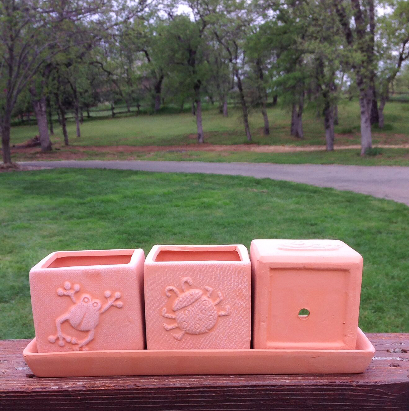 Terra Cotta Clay Set of 3 Small Square Embossed Earthenware Planters or