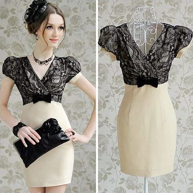 Beige Lace Bow Slim Dress