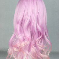 Free Shipping Long Curly Wig Pastel Pink Ombre Wig Scene Wig Pastel Pink Long Wavy Synthetic Hair with bangs Cosplay Wigs - Thumbnail 2