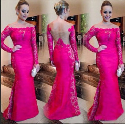 lace prom dress, long prom dress, mermaid prom dress, hot pink prom dress, long sleeve prom dress, BD143801