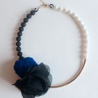 Black Lace Flower Metal Pendant Necklace NL0829 - Thumbnail 4