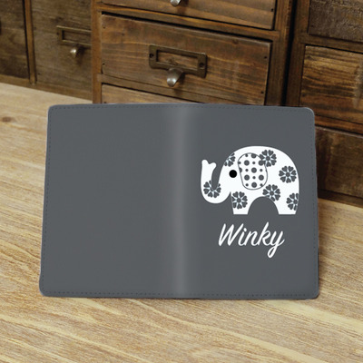 Cute Flower Elephant Custom Personalised Monogrammed PU Leather Passport Holder Case Wallet Cover, charcoal and many colors (N-033)