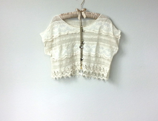 Delicate Lace and Mesh Crochet, Sheer White Crop Top, See Through T Shirt, Cover Up Sweater, with Romantic Tiered Layers