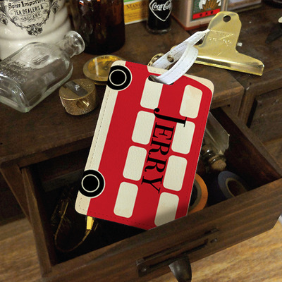 London Bus Personalised PU Leather Luggage Tag, Travel Tag, Bag Tag, custom name monogram initial (N-027)