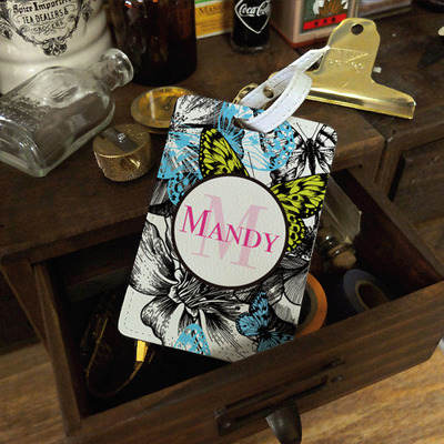 Roses and flying butterflies personalised pu leather luggage tag, travel tag, bag tag, custom name monogram initial (n-030)