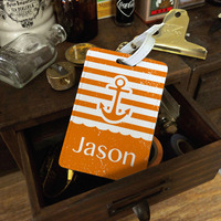 Anchor Stripes Personalised PU Leather Luggage Tag, Travel Tag, Bag Tag, custom name monogram initial, royal blue, orange and many colors (N-034) - Thumbnail 1
