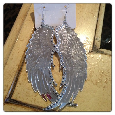 Silver angel wing earrings with rhinestones