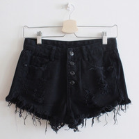 Black Ripped High Waist Shorts - Thumbnail 1