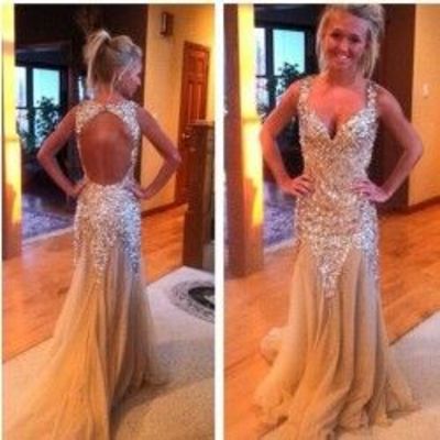 Champagne prom dress, long prom dress, lace prom dress, cheap prom dress, 2018 prom dress, backless prom dress, bd14403