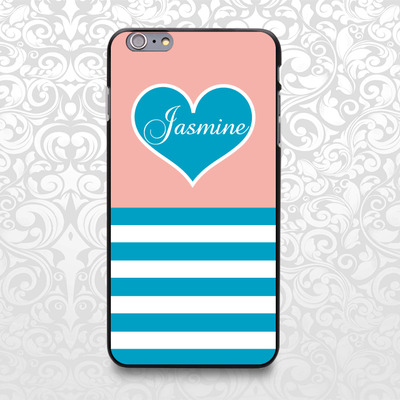 Peach and blue heart stripes custom name case for iphone 7/6/6s/5/5s/5c, samsung s6/note5, sony, lg nexus, nokia lumia, htc one, moto x (bcbl-55) - Thumbnail 1