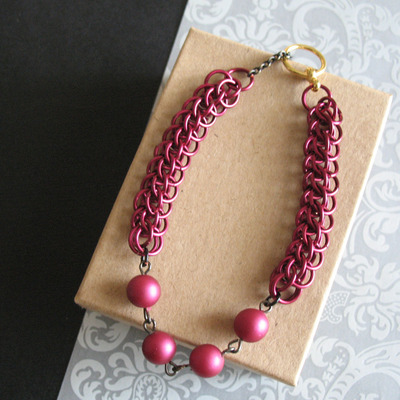 Marsala wine chainmaille bracelet half persian chain link beaded jewelry for women