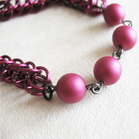 Marsala Wine Chainmaille Bracelet Half Persian Chain Link Beaded Jewelry For Women - Thumbnail 1