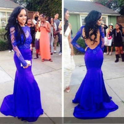 Lace prom dress, blue prom dress, long prom dress, mermaid prom dress, long sleeve prom dress, prom dress 2018, bd14405