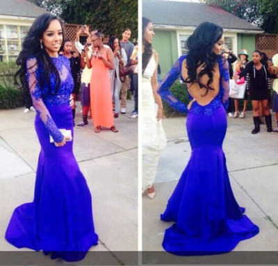 lace prom dress, blue prom dress, long prom dress, mermaid prom dress, long sleeve prom dress, prom dress 2018, BD14405