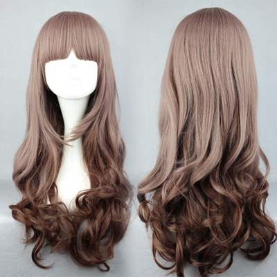 60cm long curly light brown ombre wig wavy synthetic hair cosplay wigs with bangs harajuku anime costume wig for women party + free hair cap - Thumbnail 3