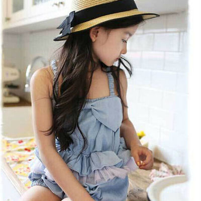 Denim ruffle romper shorts