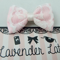 Pale Pink MINI Fabric Hair Bow with White Lace Overlay - Thumbnail 1