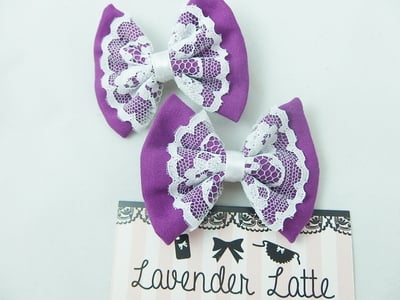 Purple MINI Fabric Hair Bow with Pure White Lace Centre Overlay Grape Hair Clip
