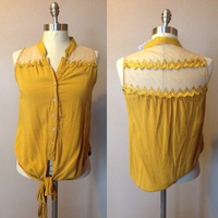 Mustard Lace Tie Front - M - Thumbnail 1