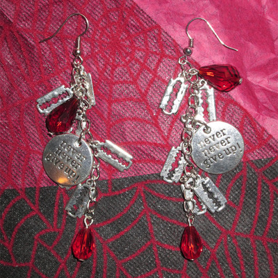 “never give up” self-harm razor blade and blood drops earrings
