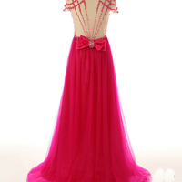 hot pink prom dress, long prom dress, cap sleeve prom dress, custom prom dress, new prom dress, BD14431 - Thumbnail 1