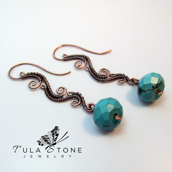 Woven Copper and Turquoise Ocean Wave Earrings