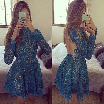 Short prom dress, lace prom dress, blue prom dress, backless pom dress, prom dress, long sleeve prom dress,15040704
