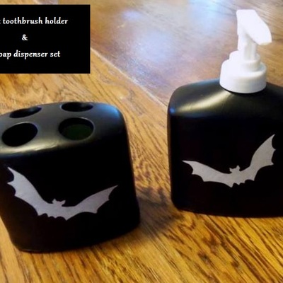 Gothic bat bathroom decor, soap pump and toothbrush holder