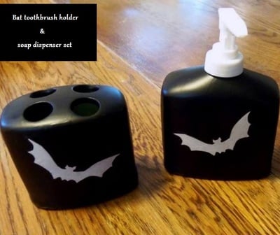 Gothic bat bathroom decor, soap pump and toothbrush holder