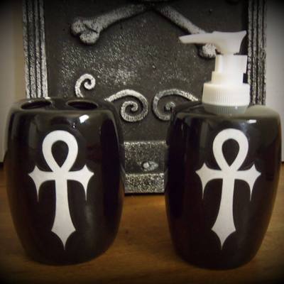 Gothic, vampire, ankh bathroom set, soap pump and toothbrush holder