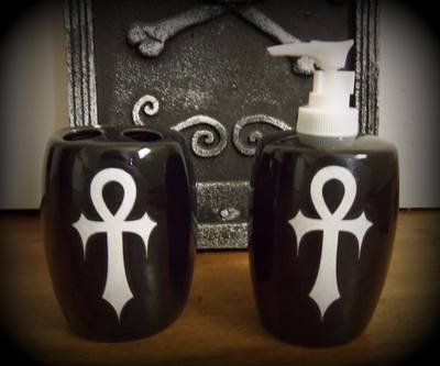 Gothic, vampire, ankh bathroom set, soap pump and toothbrush holder