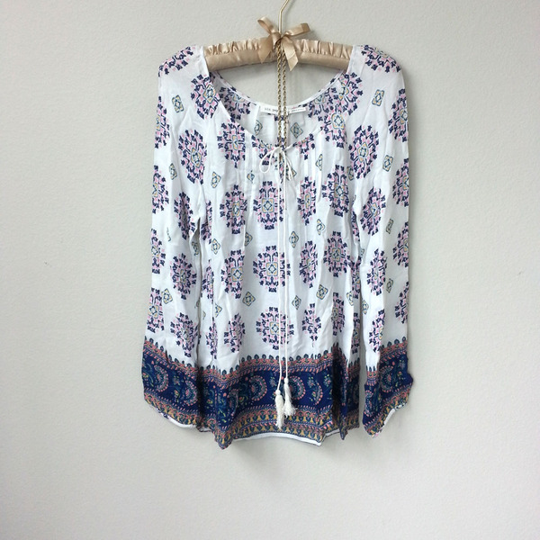 BLU PEPPER Gauze Blue and White Aztec Print Boho Tunic Peasant Top, Tunic Blouse