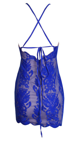 Blue Lace Spaghetti Strap Scoop Neck X Back Halter Bodycon Mini Dress