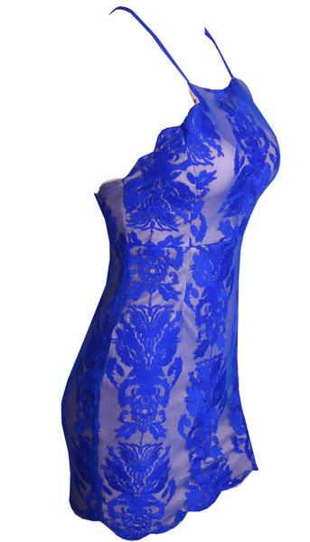 Blue Lace Spaghetti Strap Scoop Neck X Back Halter Bodycon Mini Dress