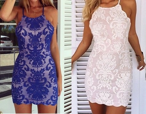Blue Lace Spaghetti Strap Scoop Neck X Back Halter Bodycon Mini Dress