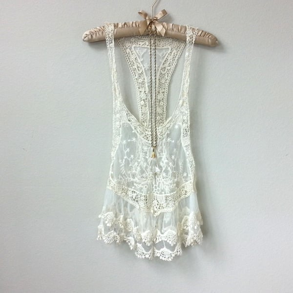 Gorgeous Lace and Mesh Crochet, Sheer White Racerback Tank Top Tunic with Delicate Detail and Deep Armholes