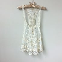 Gorgeous Lace and Mesh Crochet, Sheer White Racerback Tank Top Tunic with Delicate Detail and Deep Armholes