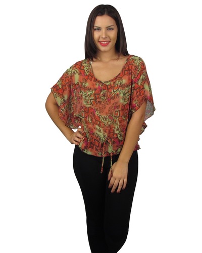 Colorful Print Top With Drawstring Waist