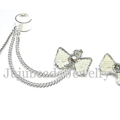 White bow swarovski ear cuff
