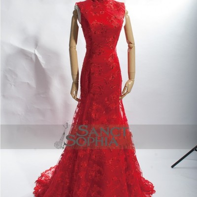 Chinese style mermaid red wedding dress,keyhole back bridal dress 