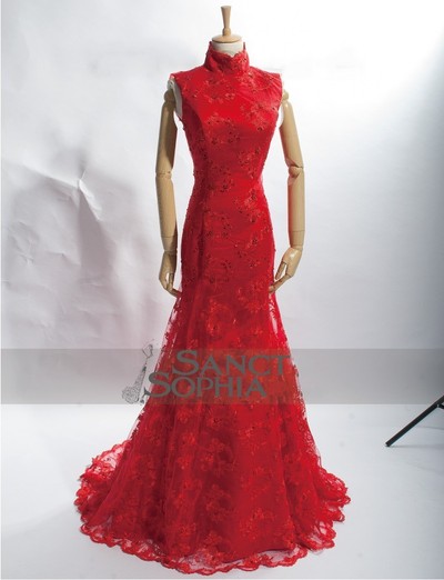 Chinese Style Mermaid Red Wedding Dress,Keyhole Back Bridal Dress 
