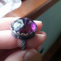 "Violet Flame" natural amethyst cabochon and hand tooled silver ring by Thornbird Studios - Thumbnail 1