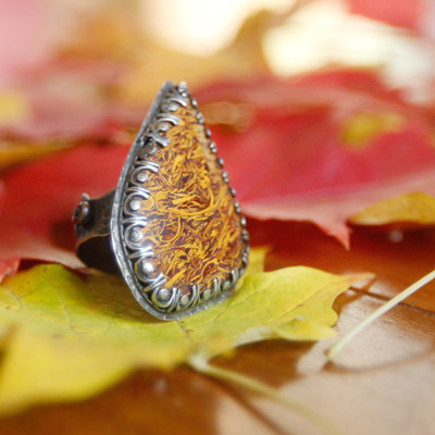 Script stone and sterling silver ring handmade by thornbird studios