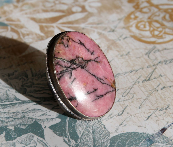 "Pink Healing" rhodonite and silver ring by Thornbird Studios