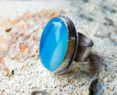 "Sea Nymph" blue agate and sterling silver ring by Thornbird Studios